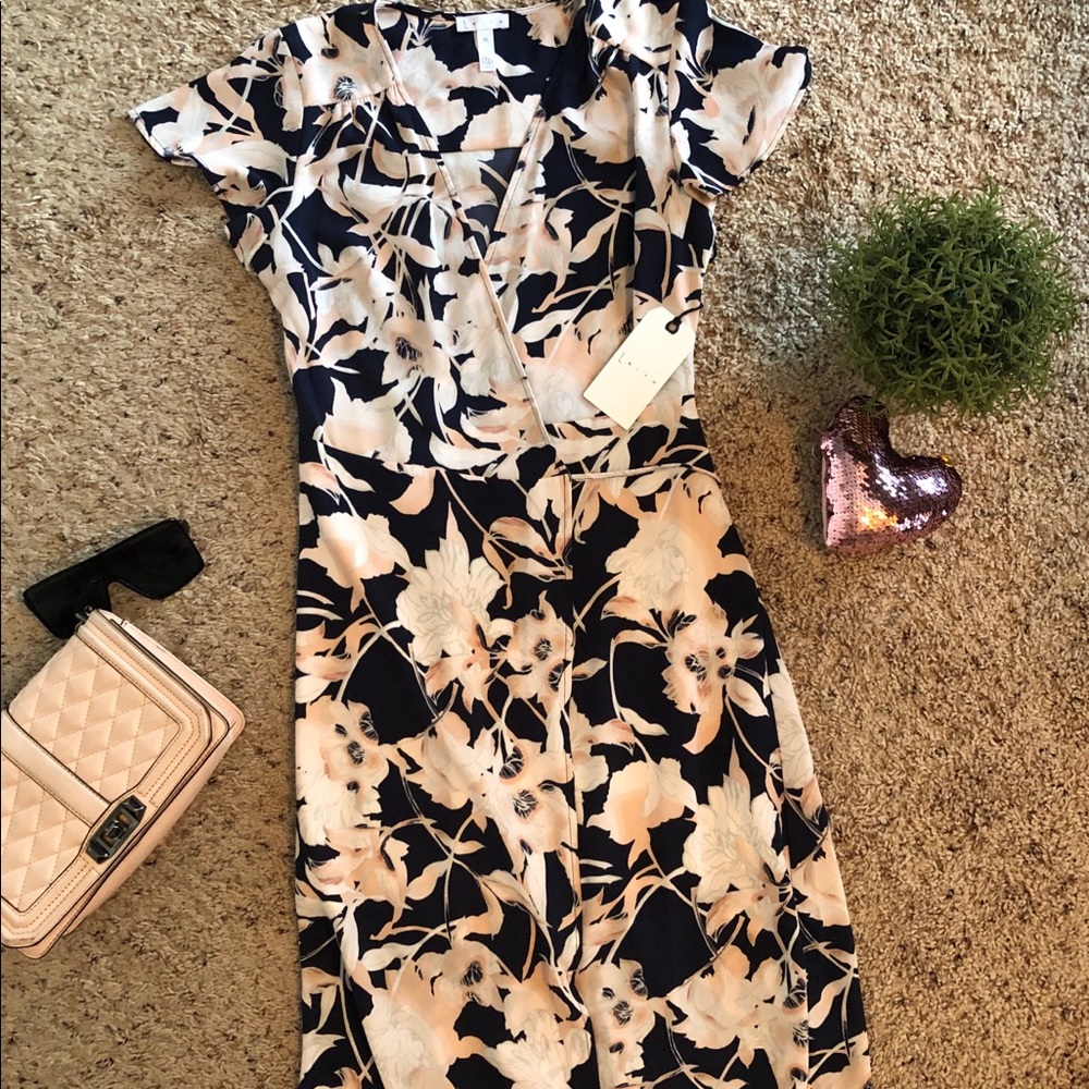 Leith Midi Floral Wrap Dress- Navy and Peach